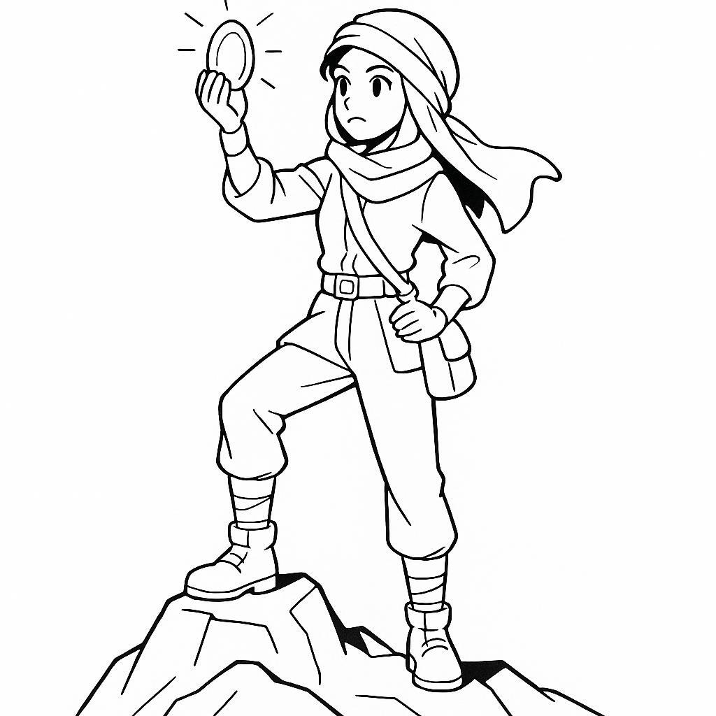 Coloring page of a female archaeologist, desert nomad standing on a mountain peak