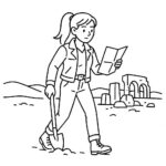 Page de coloriage d&rsquo;une exploratrice, lectrice de carte, fouillant près de vieilles ruines