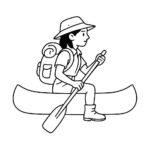 Page à colorier d&rsquo;une femme vagabonde, exploratrice de la jungle, pagayant dans un canoë