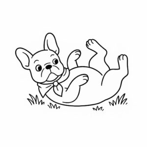 Coloring page of a French Bulldog dog, curious explorer rolling on the grass