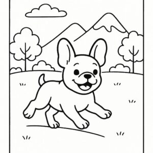 Coloring page of a French Bulldog dog, playful friend running in a park