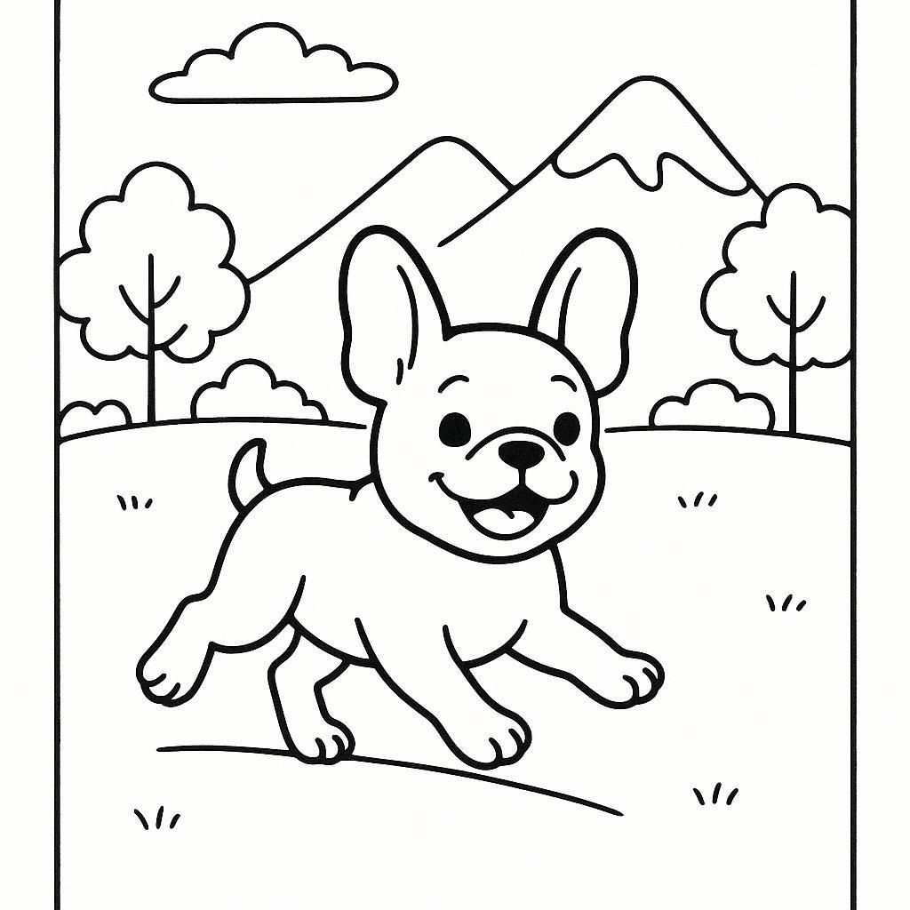 Coloring page of a French Bulldog dog, playful friend running in a park