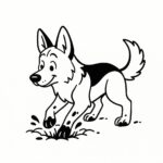 Page à colorier d&rsquo;un chien Berger Allemand, explorateur curieux creusant un trou