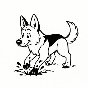 Coloring page of a German Shepherd dog, curious explorer digging a hole