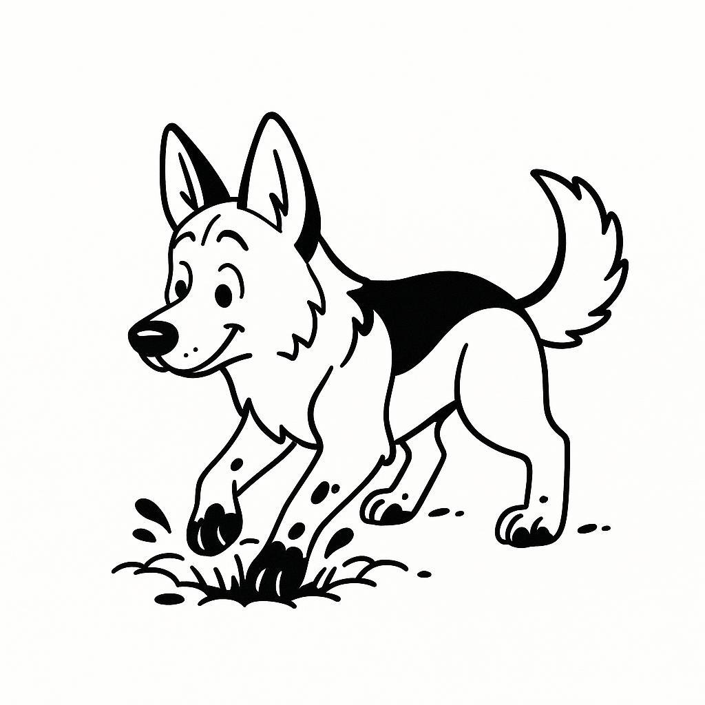 Coloring page of a German Shepherd dog, curious explorer digging a hole