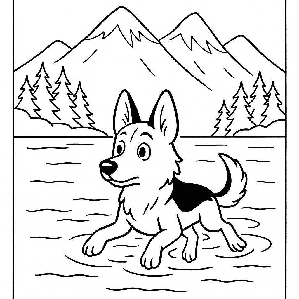 Coloring page of a German Shepherd dog, curious explorer swimming in a lake