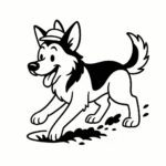 Page à colorier d&rsquo;un chien Berger Allemand, chiot énergique creusant un trou