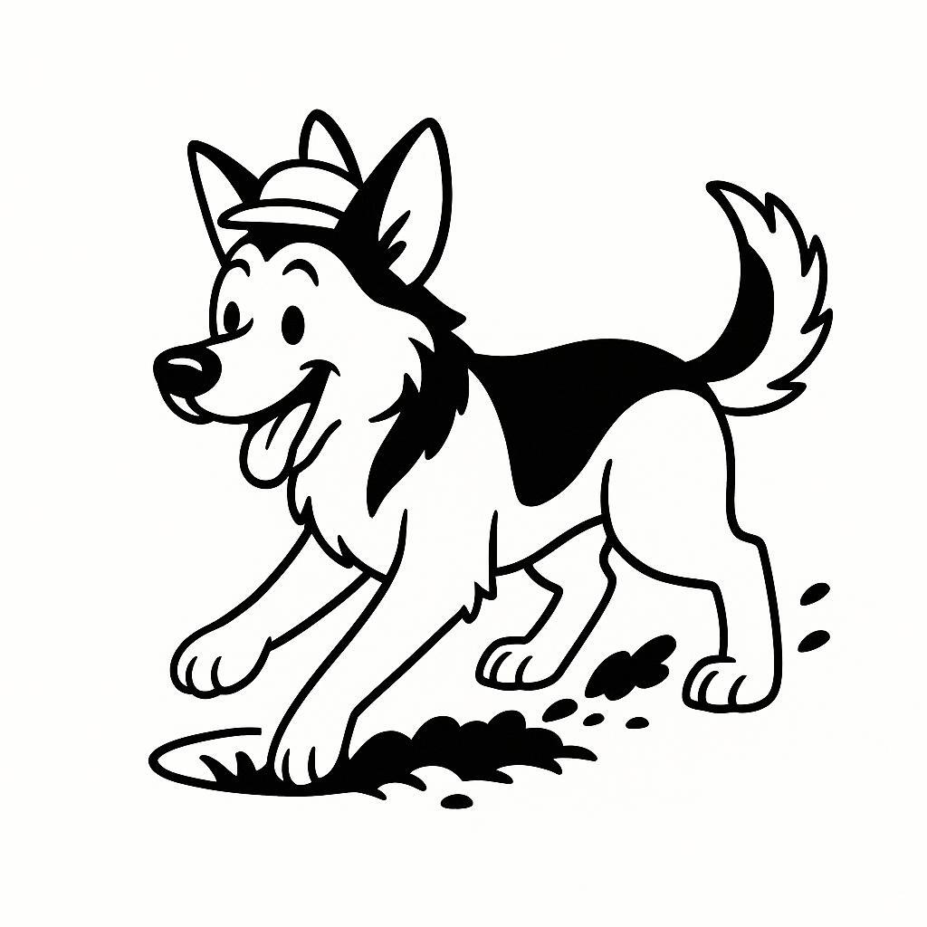 Coloring page of a German Shepherd dog, energetic pup digging a hole