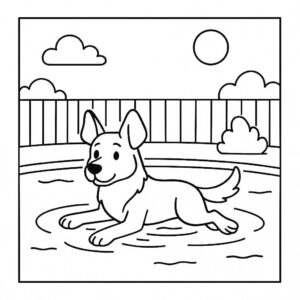 Coloring page of a German Shepherd dog, loyal companion swimming in a lake