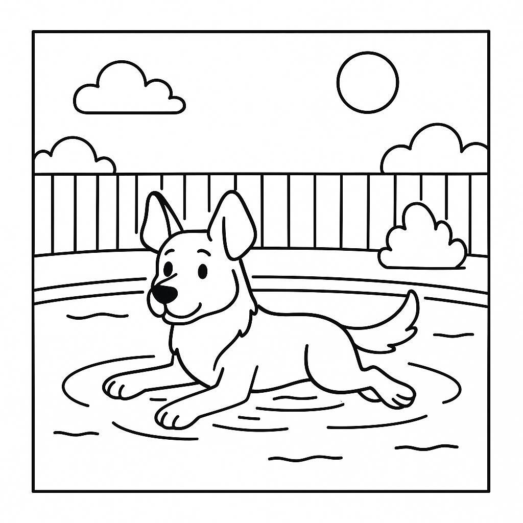 Coloring page of a German Shepherd dog, loyal companion swimming in a lake
