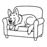 Page à colorier d&rsquo;un chien Berger Allemand, ami joueur dormant sur un canapé