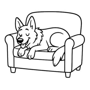 Coloring page of a German Shepherd dog, playful friend sleeping on a couch