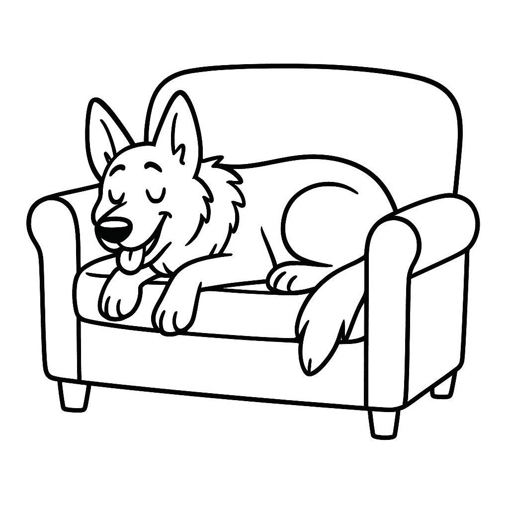 Coloring page of a German Shepherd dog, playful friend sleeping on a couch