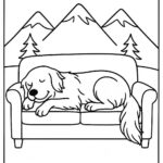Page à colorier d&rsquo;un chien Golden Retriever, brave protecteur dormant sur un canapé