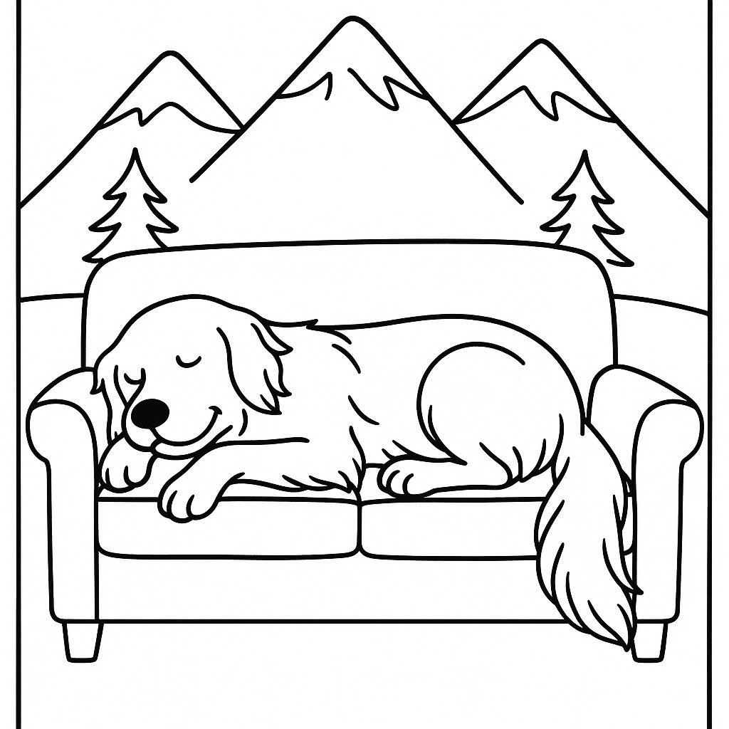Coloring page of a Golden Retriever dog, brave protector sleeping on a couch