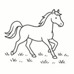 Page à colorier d&rsquo;un cheval, sauteur d&rsquo;obstacles galopant à travers un champ