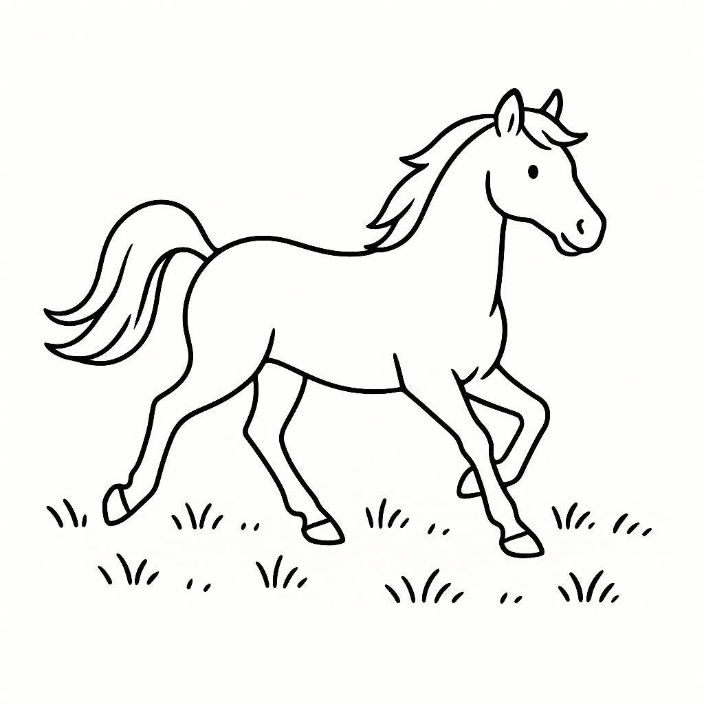 Coloring page of a horse, show jumper galloping through a field