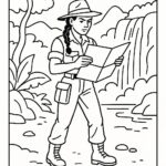 Page à colorier d’un aventurier de la jungle, lecteur de carte regardant une carte