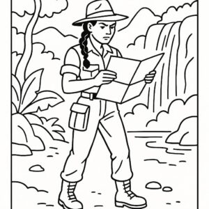 Coloring page of a jungle adventurer, map reader looking at a map