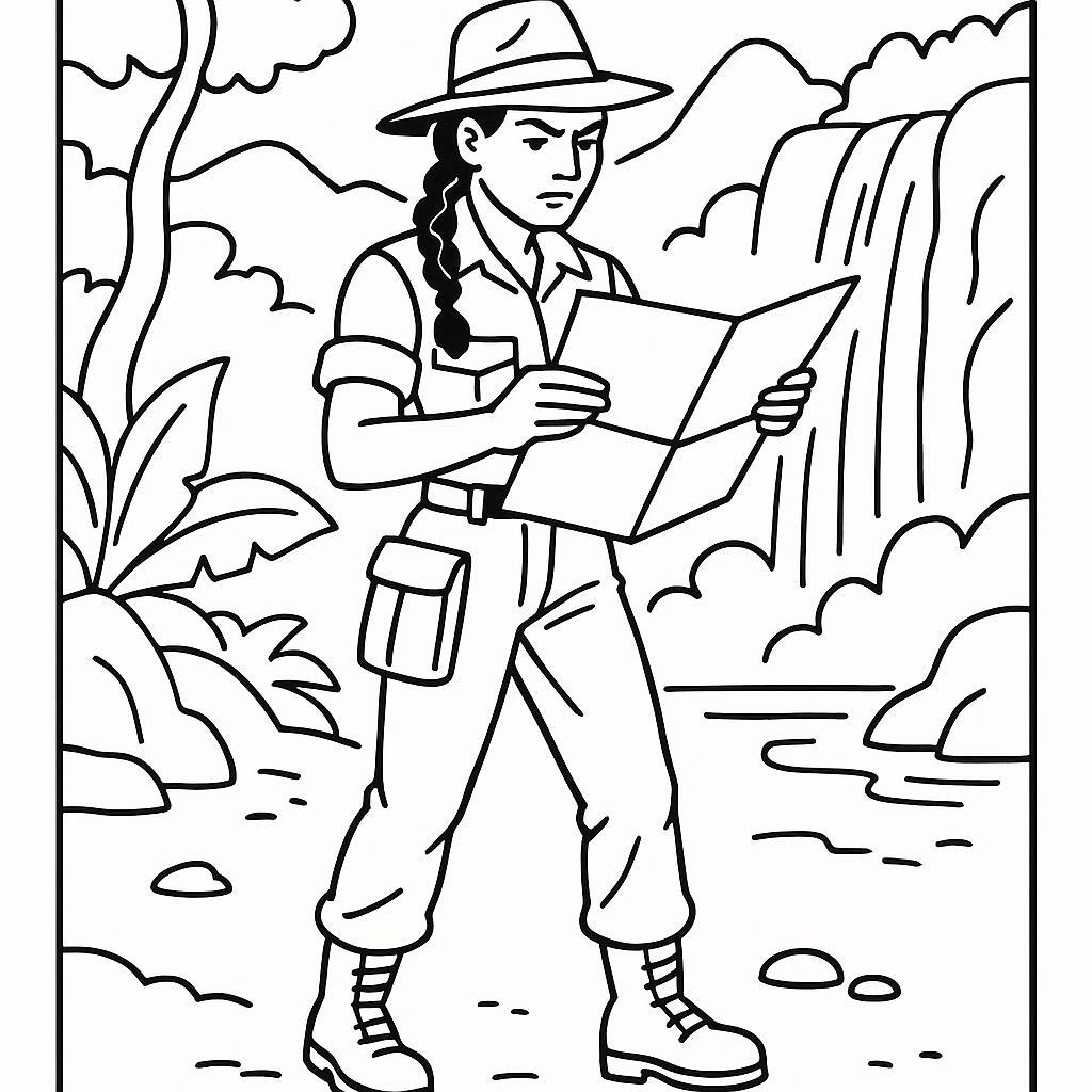 Coloring page of a jungle adventurer, map reader looking at a map
