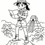 Page de coloriage d&rsquo;une aventurière de la jungle, lectrice de carte debout sur un pic montagneux