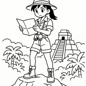 Coloring page of a jungle adventurer, map reader standing on a mountain peak