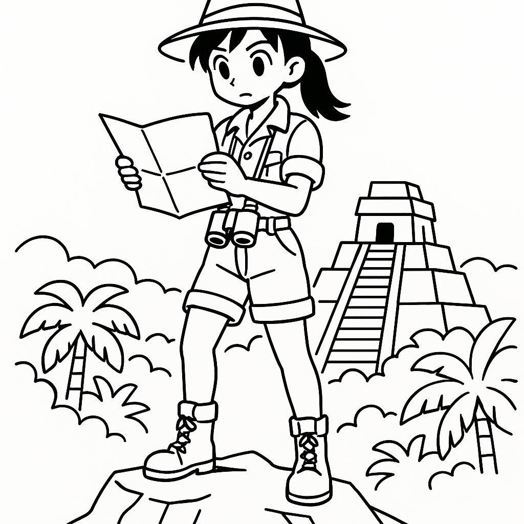 Coloring page of a jungle adventurer, map reader standing on a mountain peak