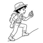 Page à colorier d&rsquo;un aventurier de la jungle, chercheur de reliques usées grimpant une colline