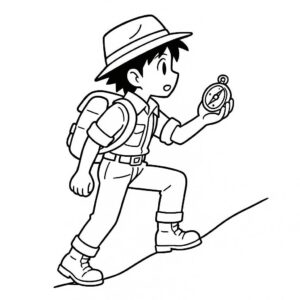 Coloring page of a jungle adventurer, timeworn relic seeker climbing a hill