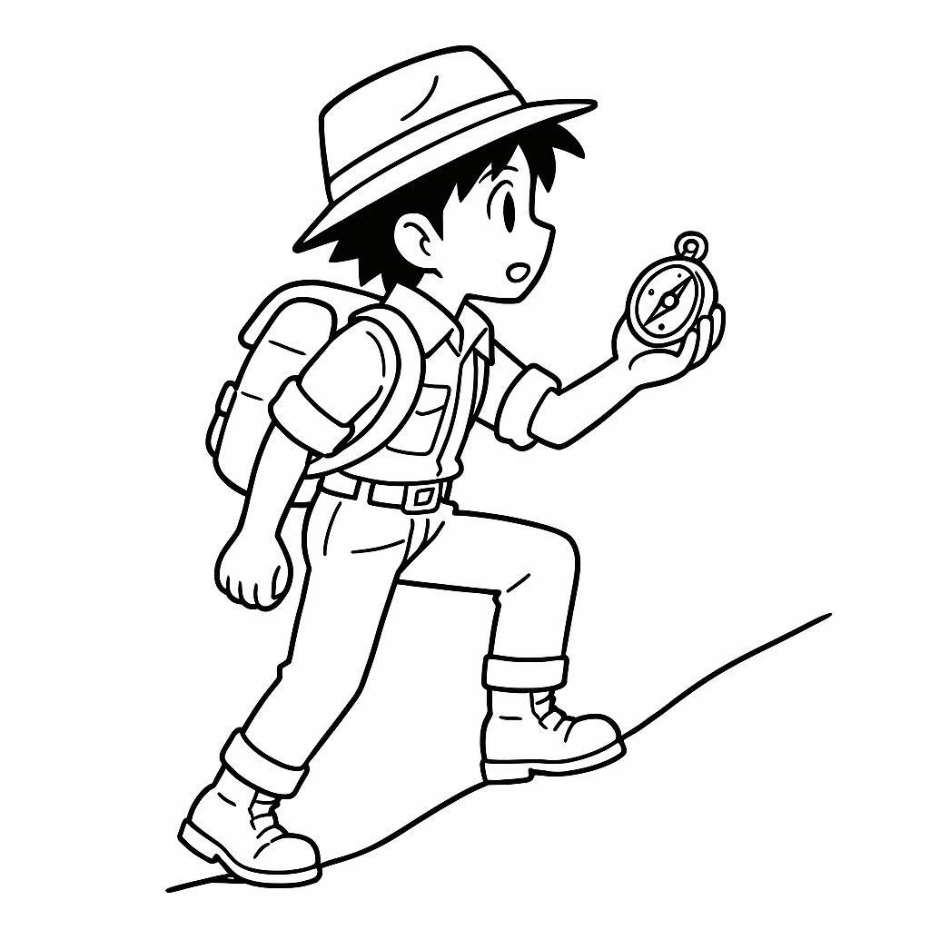 Coloring page of a jungle adventurer, timeworn relic seeker climbing a hill