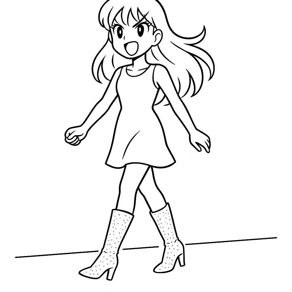 Coloring page of a manga character, center walking down the stage runway