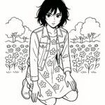 Coloring page of a manga character, entertainer kneeling dramatically