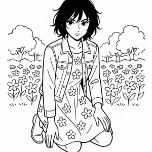 Coloring page of a manga character, entertainer kneeling dramatically