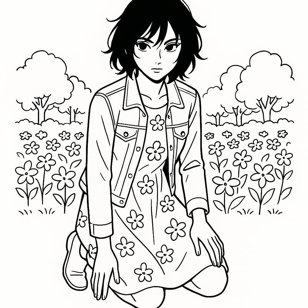 Coloring page of a manga character, entertainer kneeling dramatically