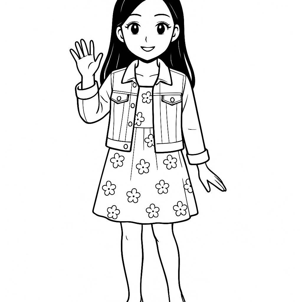 Coloring page of a manga character, maknae waving to fans