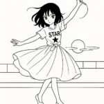 Page à colorier d&rsquo;un personnage de manga, étoile de scène en rotation