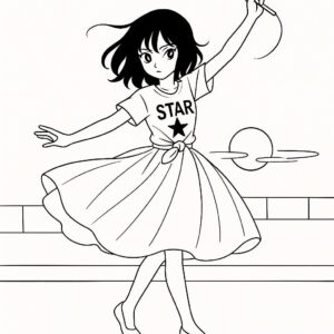Coloring page of a manga character, stage star twirling
