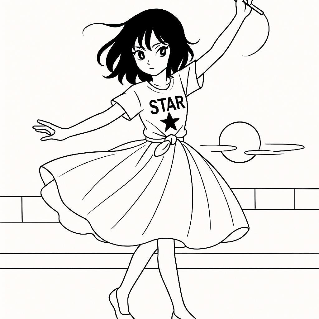 Coloring page of a manga character, stage star twirling