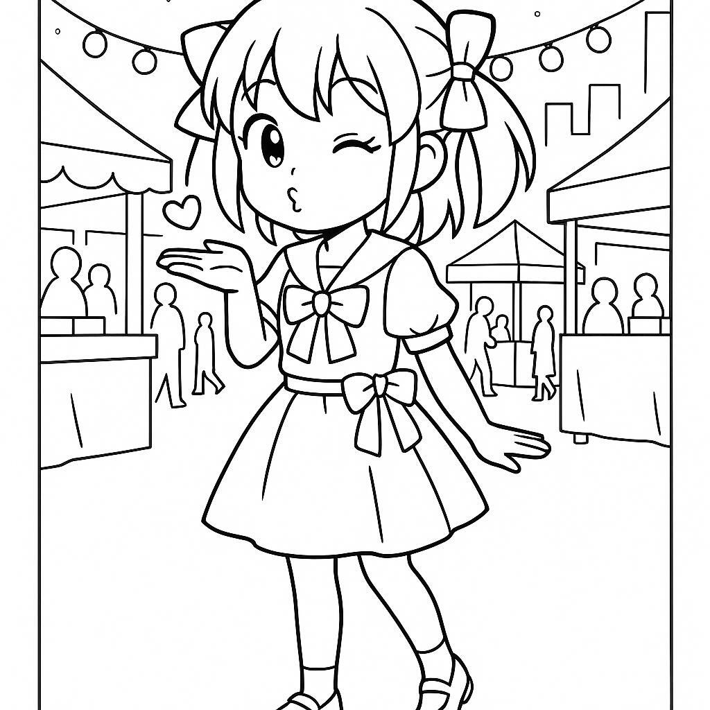 Coloring page of a manga character, visual blowing a kiss