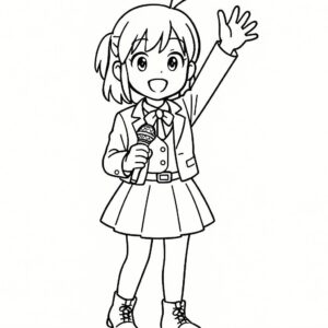 Coloring page of a manga character, vocalist waving to fans