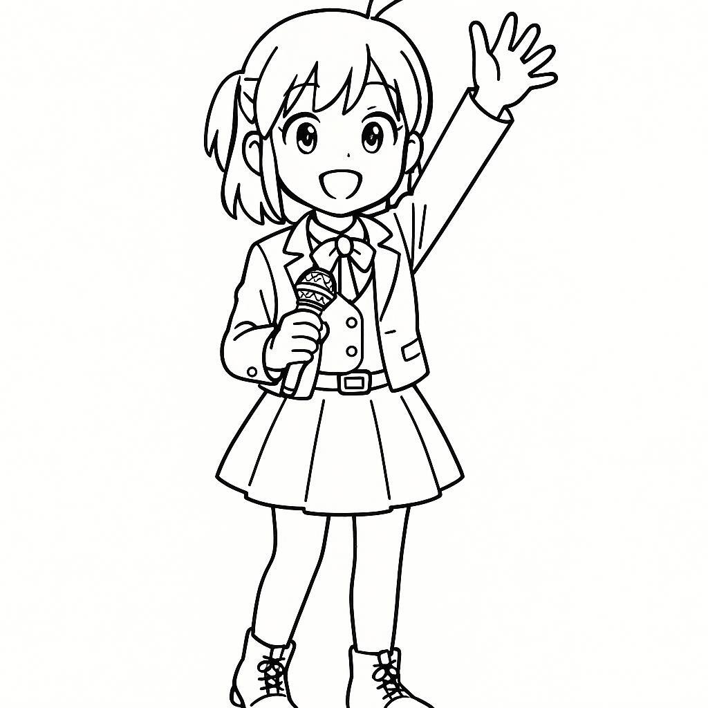 Coloring page of a manga character, vocalist waving to fans