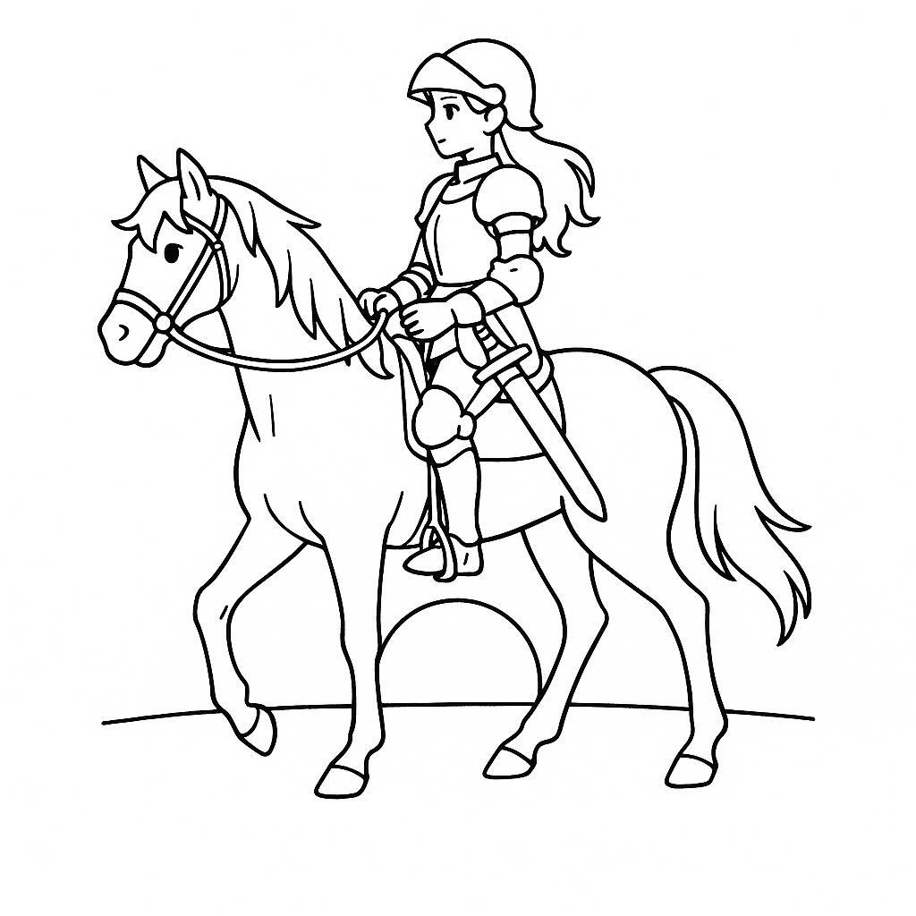 Coloring page of a Mustang female rider, equestrian athlete riding at sunset