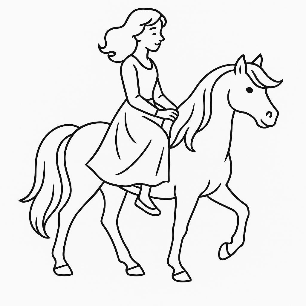 Coloring page of a pony, wild stallion a woman riding in an elegant dress