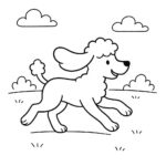 Page à colorier d’un chien caniche, un ami ludique courant dans un parc
