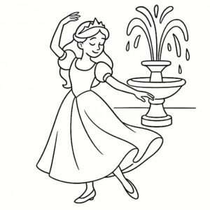 Coloring page of a princess, gentle dreamer dancing at a ball