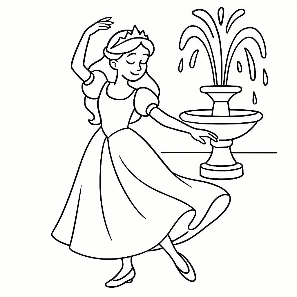 Coloring page of a princess, gentle dreamer dancing at a ball