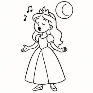 Coloring page of a princess, gentle dreamer singing in the moonlight