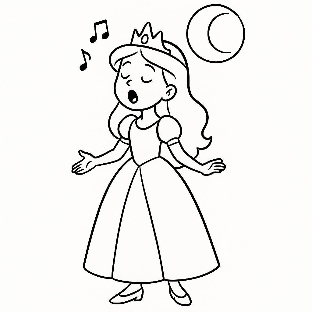Coloring page of a princess, gentle dreamer singing in the moonlight