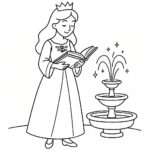 Page à colorier d&rsquo;une princesse, douce souveraine lisant un livre ancien
