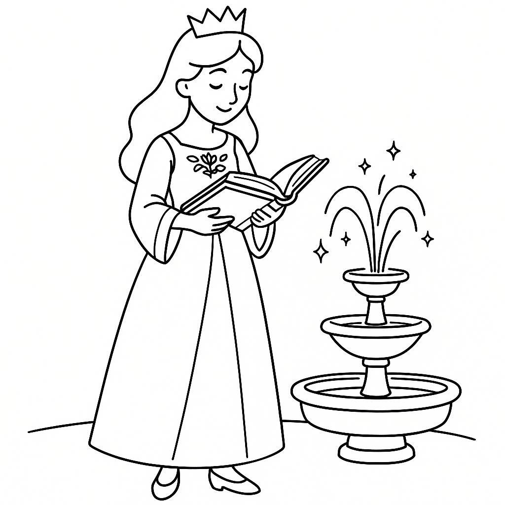 Coloring page of a princess, kind ruler reading an ancient book